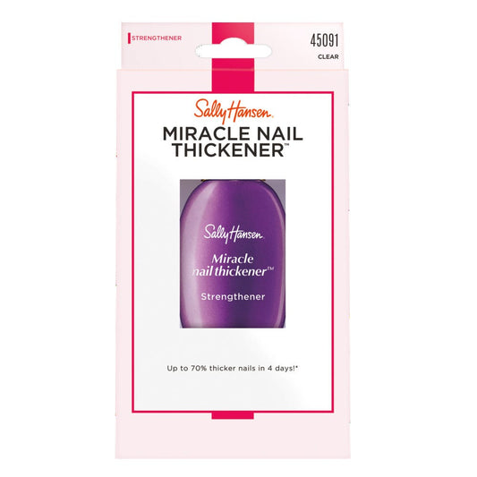 Sally Hansen Miracle Nail Strengthener in clear for stronger, thicker nails, displayed in a bottle with a brush applicator.