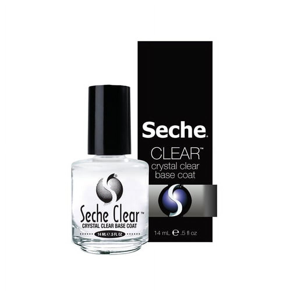 Seche Crystal Clear Base Coat for nails, clear nail polish base applied on nails for a smooth, protective finish.