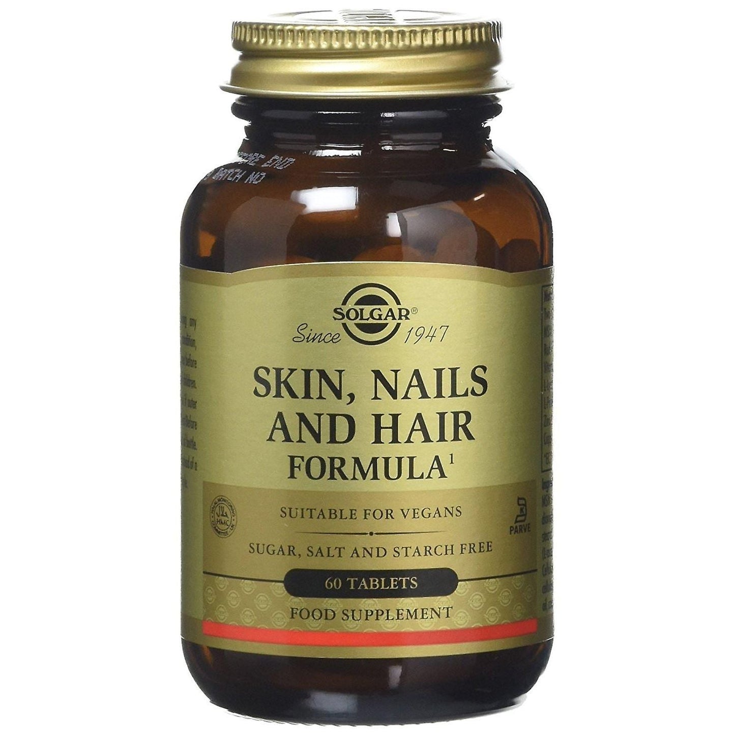 Solgar Skin, Nails & Hair Advanced MSM Formula tablets, showing a close-up of the supplement bottle with tablets inside.