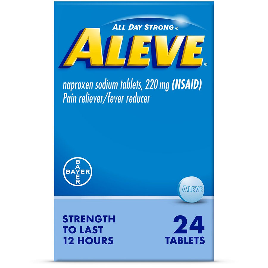 Pasteur Pharmacy Aleve pain reliever and fever reducer Naproxen sodium tablets, 24 count, showing the blister pack of tablets.