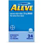 Pasteur Pharmacy Aleve pain reliever and fever reducer Naproxen sodium tablets, 24 count, showing the blister pack of tablets.