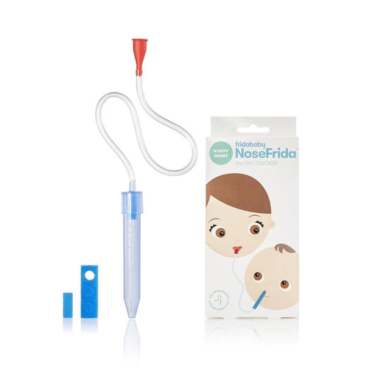 FridaBaby Nosefrida nasal aspirator for infants with clear plastic tube and blue mouthpiece, designed for safe nasal suction.