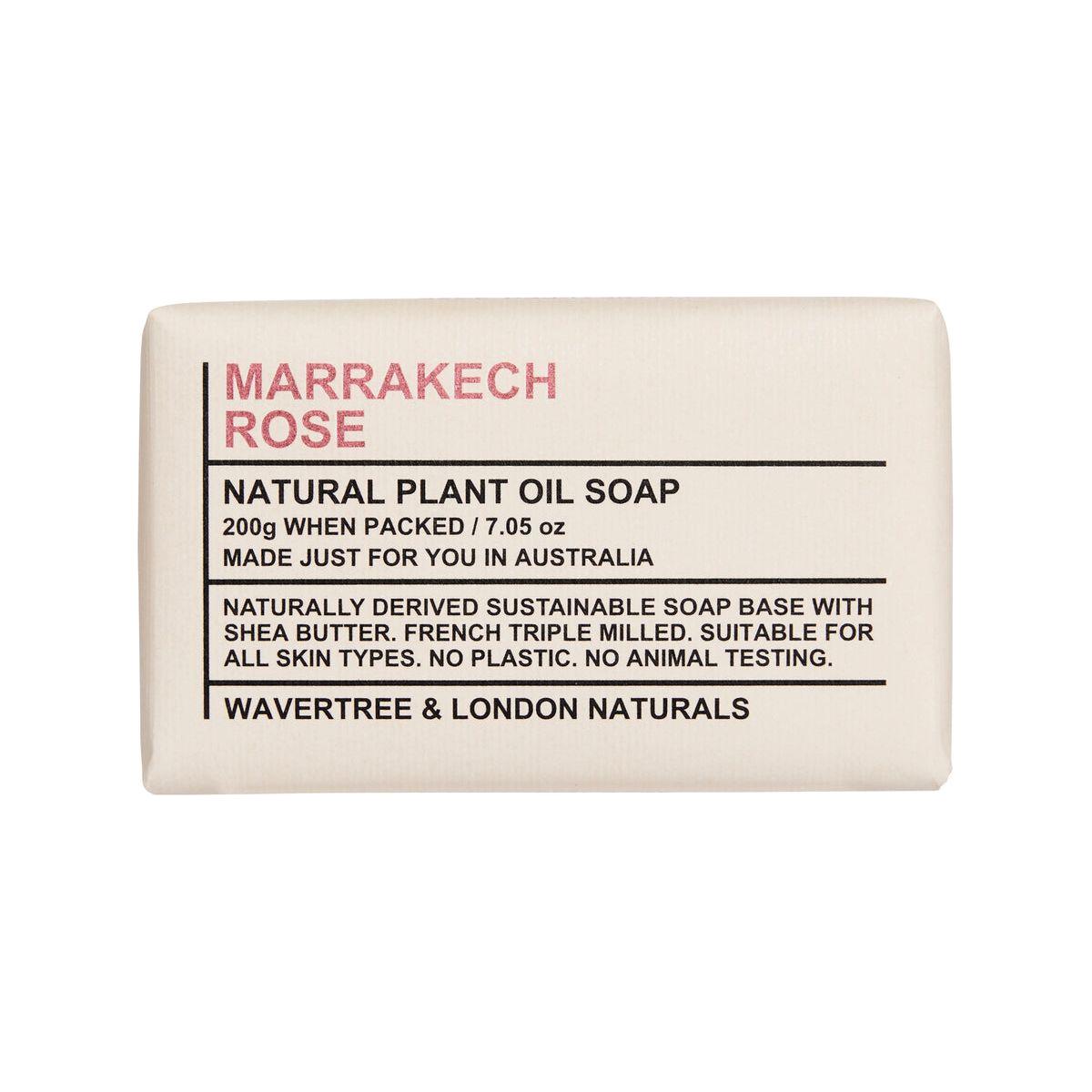 Wavertree & London Marrakech Rose natural soap in 7 oz bar, with floral rose scent and elegant packaging.