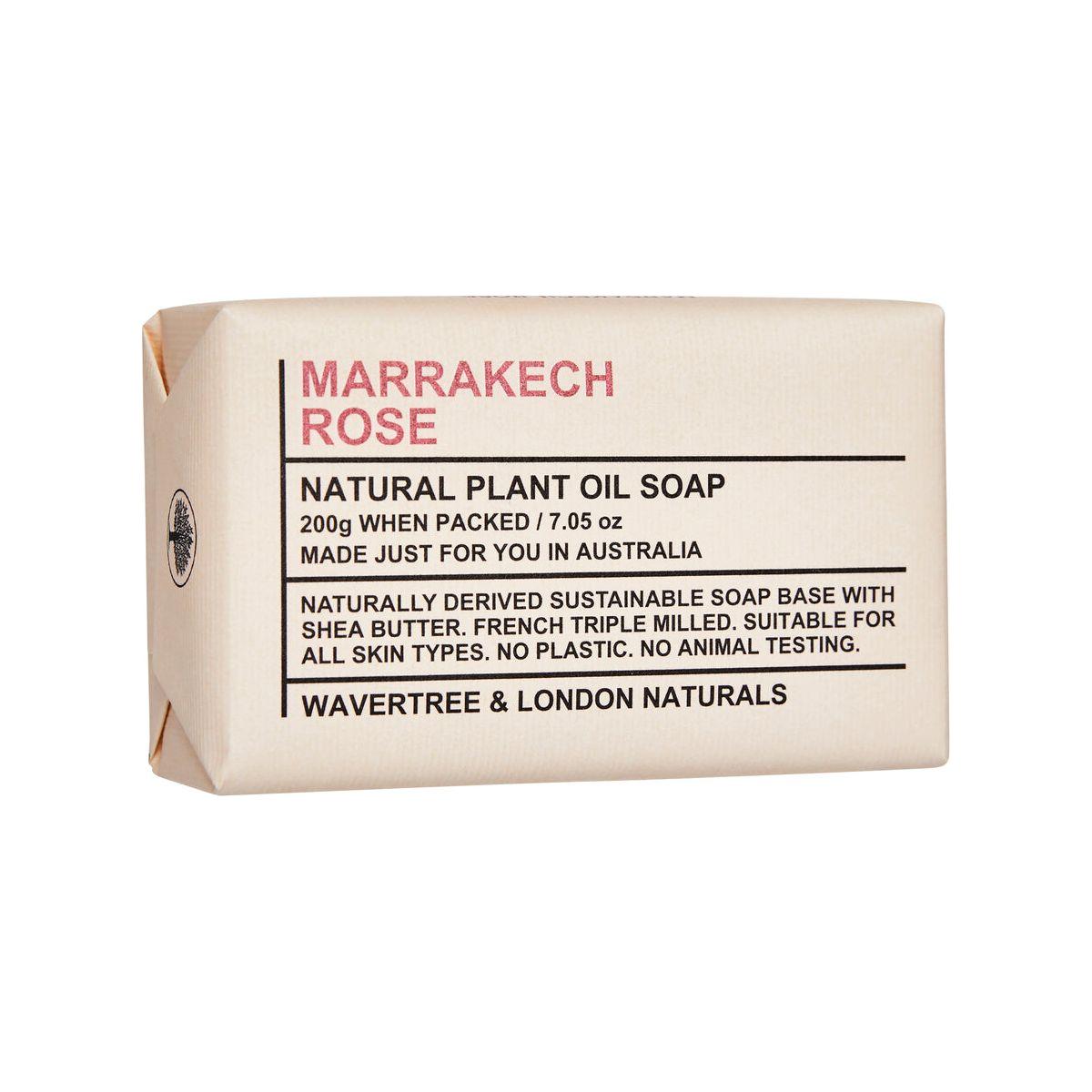 Wavertree & London Marrakech Rose Natural Soap in a 7 oz bar, featuring floral rose scent and gentle cleansing properties.
