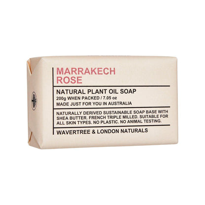Wavertree & London Marrakech Rose Natural Soap in a 7 oz bar, featuring floral rose scent and gentle cleansing properties.
