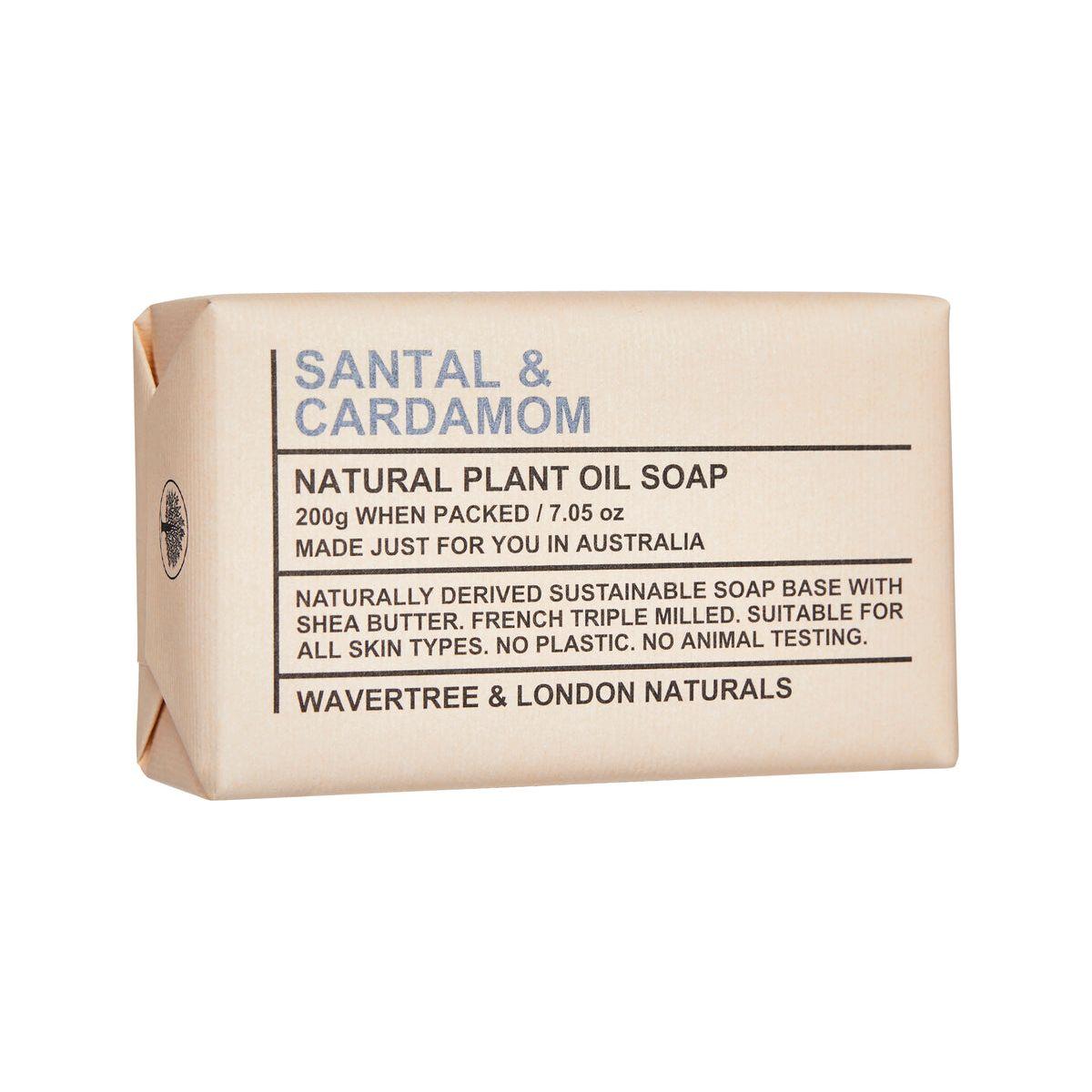 Wavertree & London Santal & Cardamon Natural Soap in a 7 oz bar, showcasing the elegant packaging and natural soap texture.
