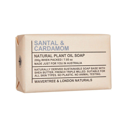 Wavertree & London Santal & Cardamon Natural Soap in a 7 oz bar, showcasing the elegant packaging and natural soap texture.