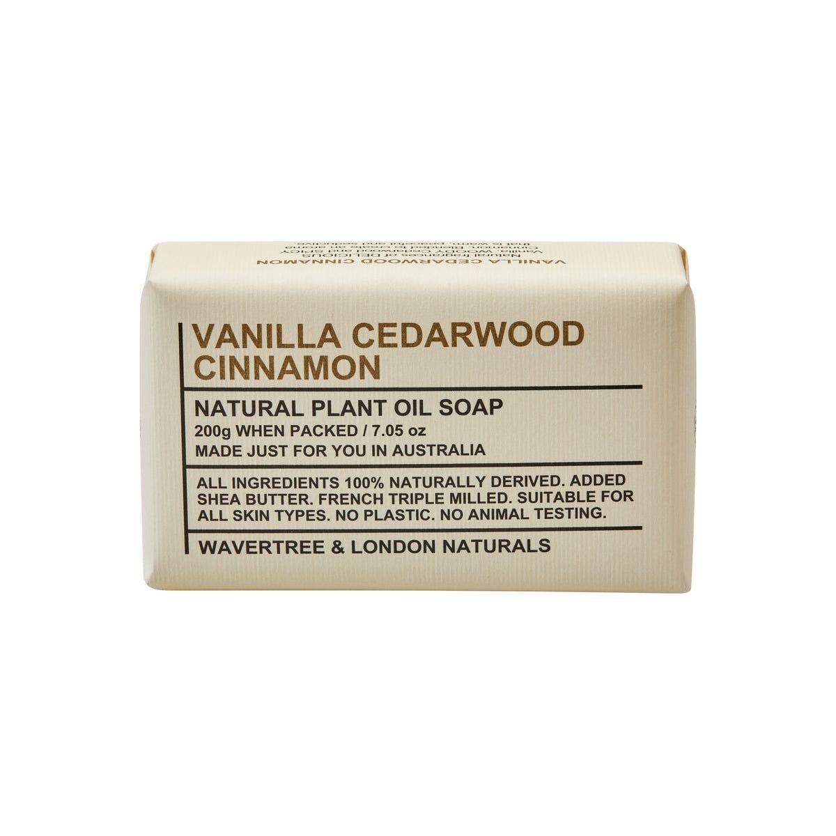 Wavertree & London Vanilla Cedarwood Cinnamon natural soap bar from Pasteur Pharmacy, 7 oz, with creamy lather and aromatic scent.