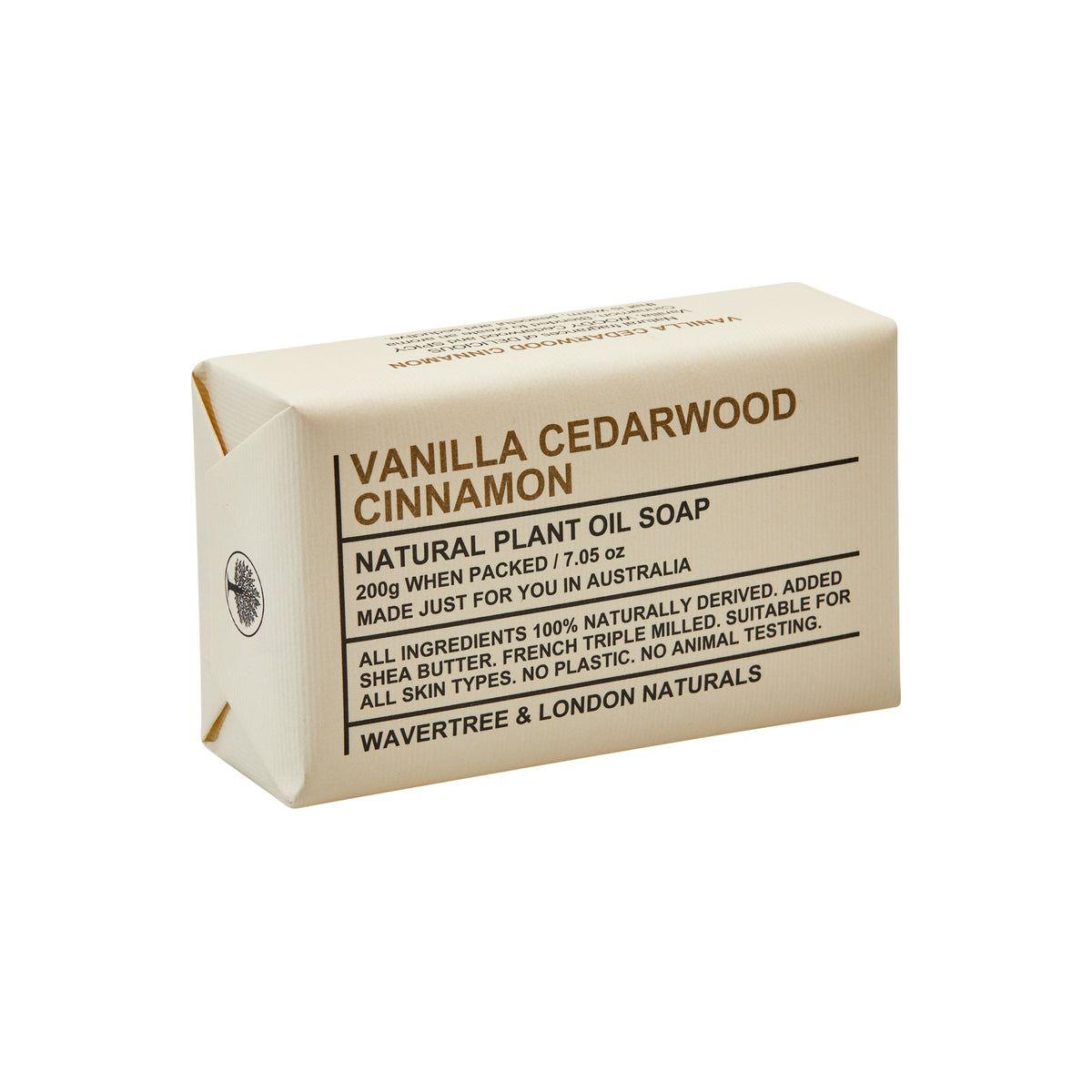 Wavertree & London Vanilla Cedarwood Cinnamon natural soap bar, 7 oz, featuring a creamy texture and natural ingredients