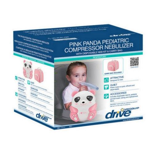 Pink Drive Medical Panda Pediatric Nebulizer with disposable nebulizer kit, designed for children’s respiratory therapy.
