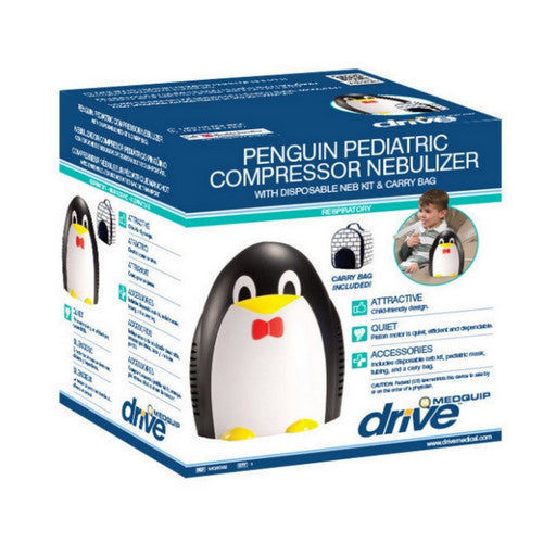 Drive Medical Pediatric Penguin Compressor Nebulizer for children, with colorful penguin design and transparent medication chamber.