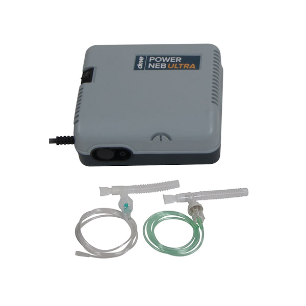 Drive Medical Power Neb Ultra nebulizer with reusable kit, compact medical device for efficient respiratory therapy.