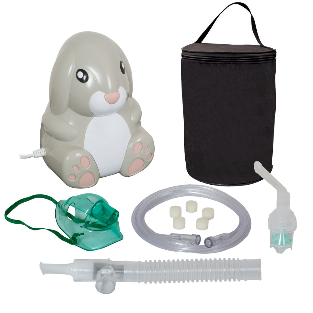 Pasteur Pharmacy Roscoe Bunny Nebulizer with disposable Neb Kit, compact handheld device for respiratory treatment.