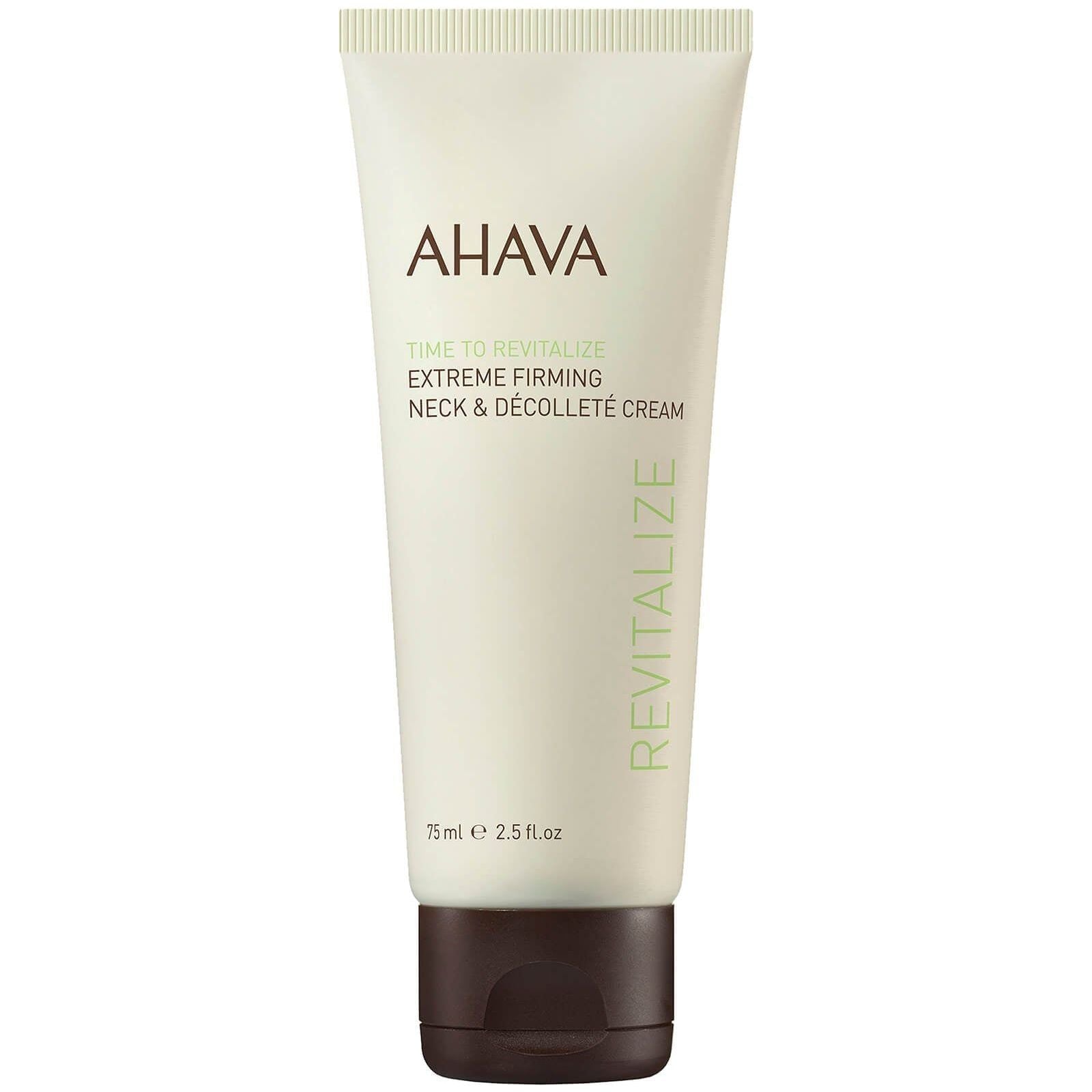Ahava Time To Revitalize Extreme Firming Neck & Decollete Cream in 2.5oz jar, shown with the cream and packaging.