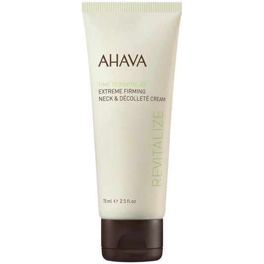Ahava Time To Revitalize Extreme Firming Neck & Decollete Cream in 2.5oz jar, shown with the cream and packaging.