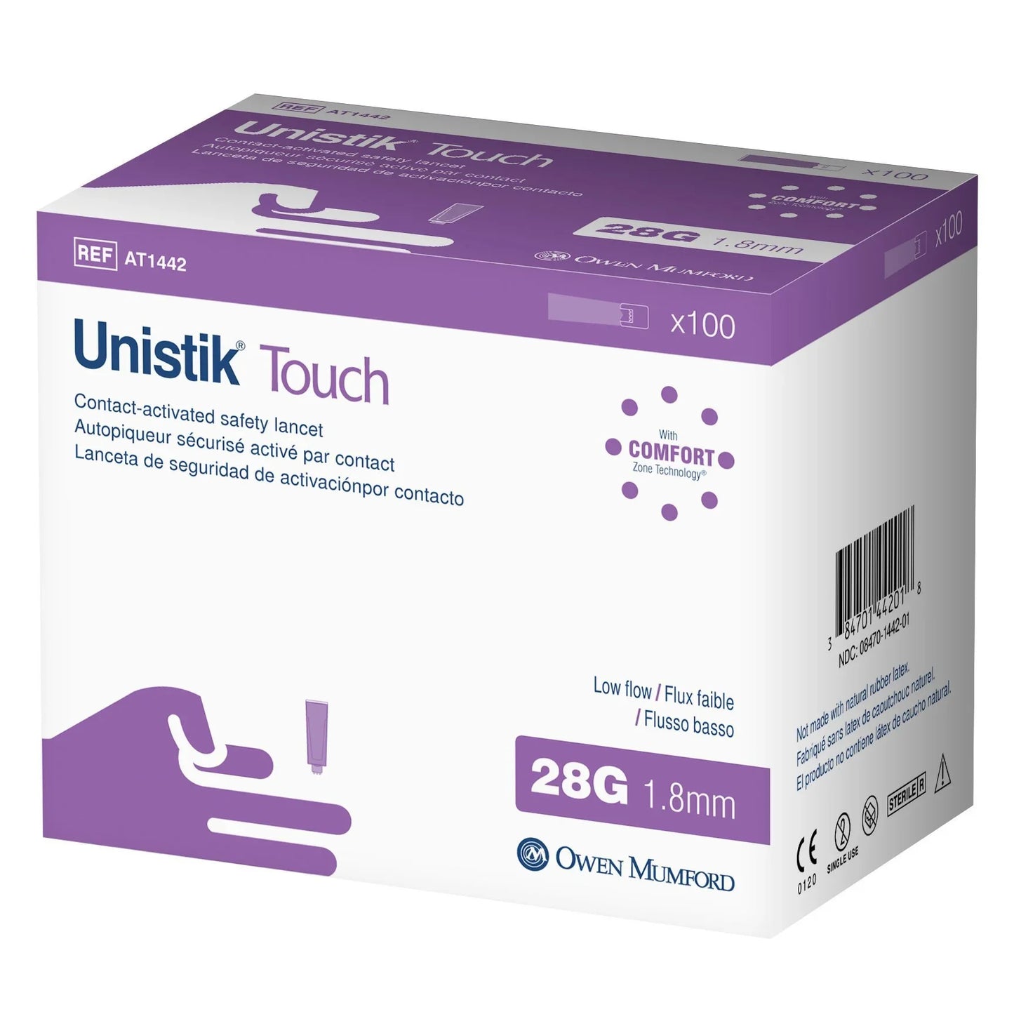 Unistik Touch Low Flow Safety Lancets by Pasteur Pharmacy, 28G x 1.8mm, pack of 100, for blood sampling and testing.