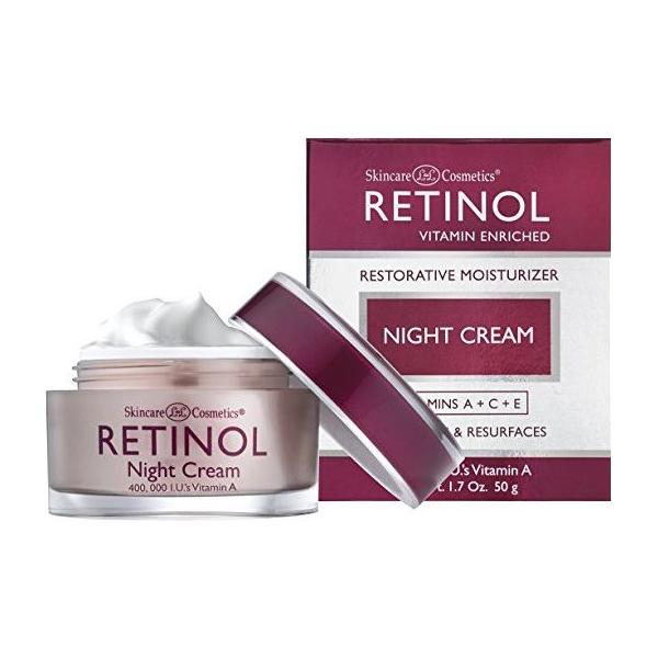 Retinol Restorative Moisturizer Night Cream by Pasteur Pharmacy, 50g jar with smooth cream texture in a white container.
