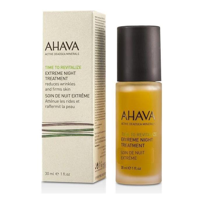Ahava Time To Revitalize Extreme Night Treatment in 1 oz jar, a nourishing overnight skincare product with a sleek container.