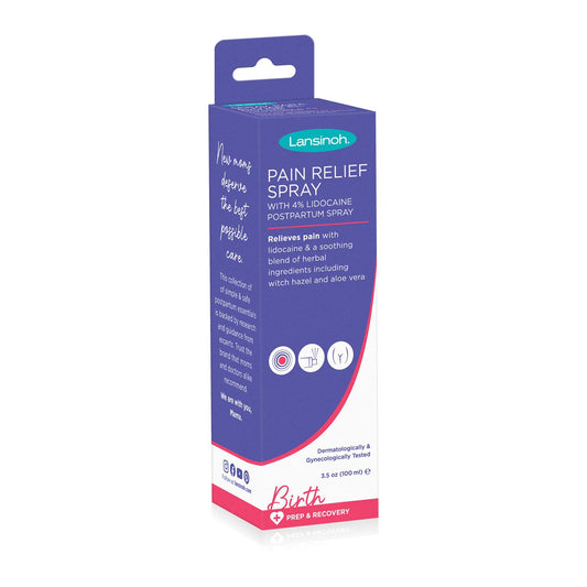 Lansinoh 4% Lidocaine Spray for postpartum care, nursing and feeding, in a 3.5 fl oz bottle, shown in a healthcare setting.