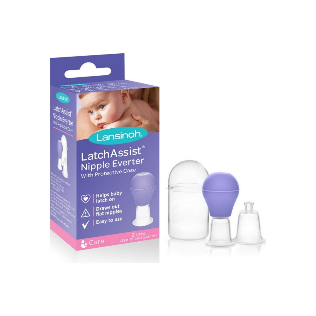 Lansinoh LatchAssist nipple evertor with two size options for customized fit, designed for nursing and feeding support.