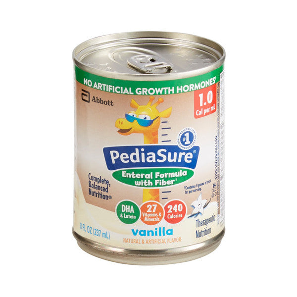 PediaSure Enteral with Fiber pediatric oral supplement in an 8 oz can, designed for tube feeding and nutrition support.