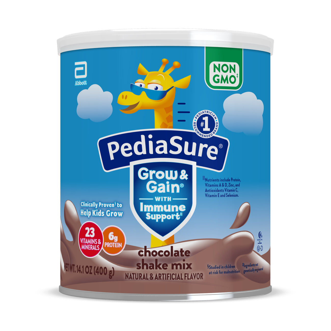 PediaSure Grow & Gain Non-GMO Chocolate Shake Mix in 14.1oz container, ideal for nursing and feeding, by Pasteur Pharmacy.