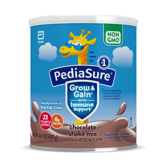 PediaSure Grow & Gain Non-GMO Chocolate Shake Mix in 14.1oz container, ideal for nursing and feeding, by Pasteur Pharmacy.