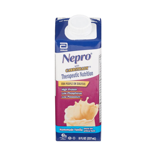 Abbott Nepro With Carb Steady vanilla therapeutic nutrition drink in 8 oz tetra carton, ready-to-drink, for specialized health needs.