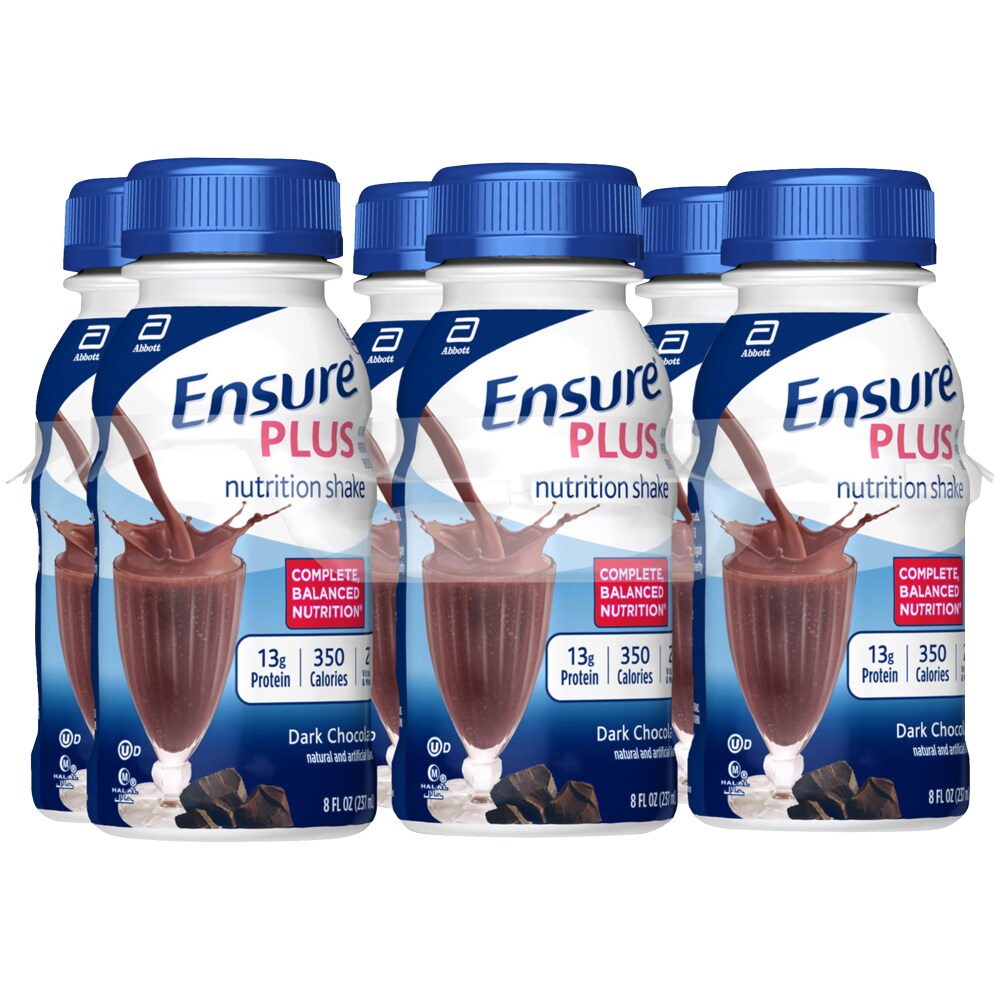 Ensure Plus Dark Chocolate Nutrition Shake bottle, 8 fl oz, part of a 6-pack, displayed with dark chocolate flavor and nutrition label.