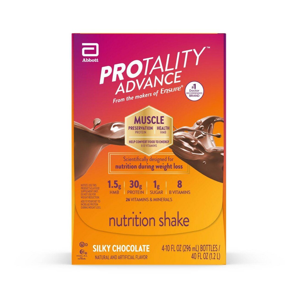 Pasteur Pharmacy Protality Advance Nutritional Milk Shake in chocolate flavor, 10oz bottles, 4-pack, showing bottles with chocolate drink inside.