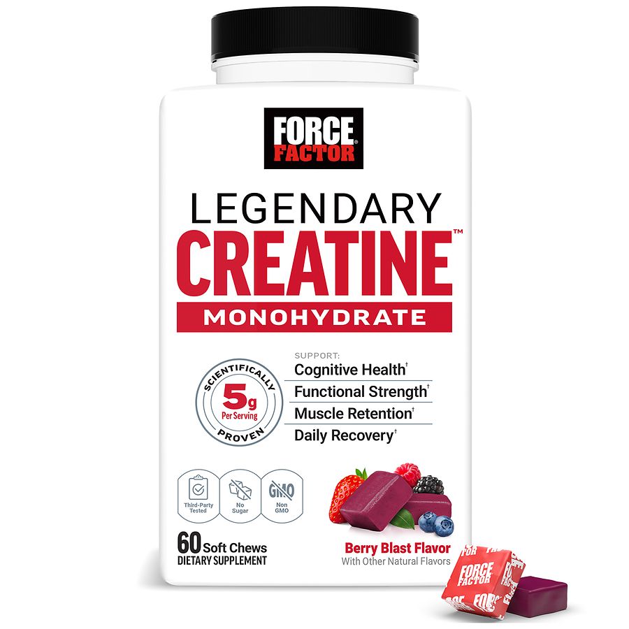 Force Factor Legendary Creatine Soft Chews in Berry Blast flavor, showing the chewable supplement with colorful packaging.