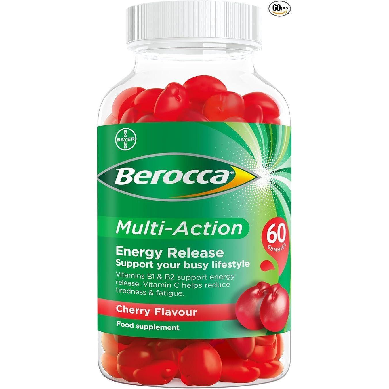 Berocca Multi-Action Energy Release Cherry Gummies, a nutrition supplement in a 60-count bottle, with vibrant cherry-flavored gummies.