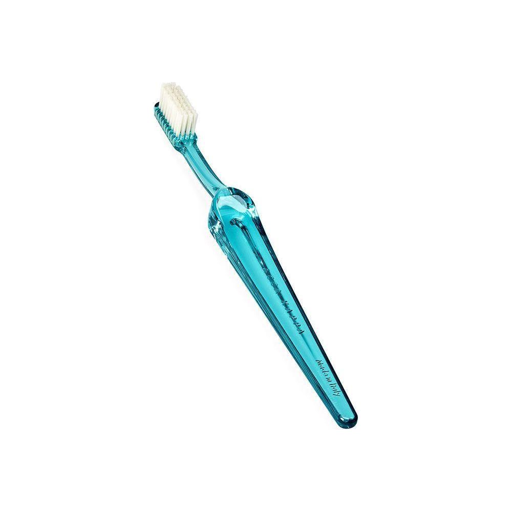 Medium turquoise nylon toothbrush from Acca Kappa Lympio Collection, featuring a sleek handle and soft bristles for gentle cleaning.