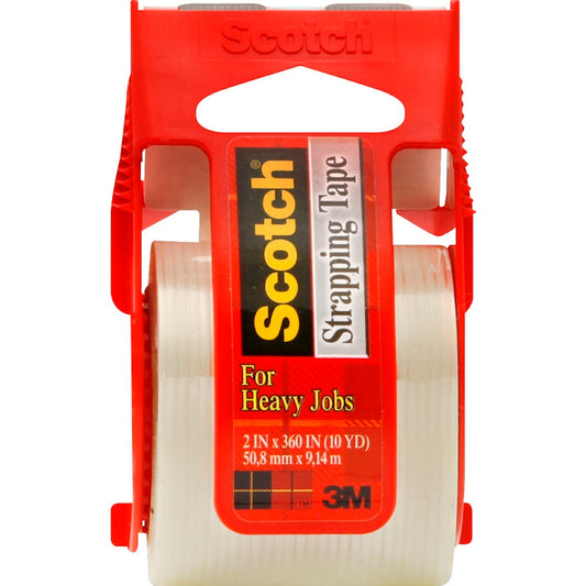 Clear Scotch reinforced shipping and strapping tape in dispenser, 1.88" x 10 yards, with 1.5" core for secure packaging and sealing.