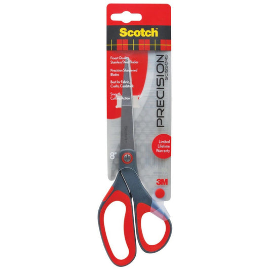 Scotch Precision Scissors, 8-inch office scissors with straight gray and red handle, ideal for precise cutting tasks.