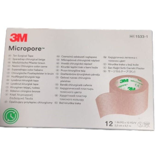 Pack of 12 3M Micropore Tan Surgical Tape, 1 inch by 10 yards, designed for medical and office use, by Pasteur Pharmacy.