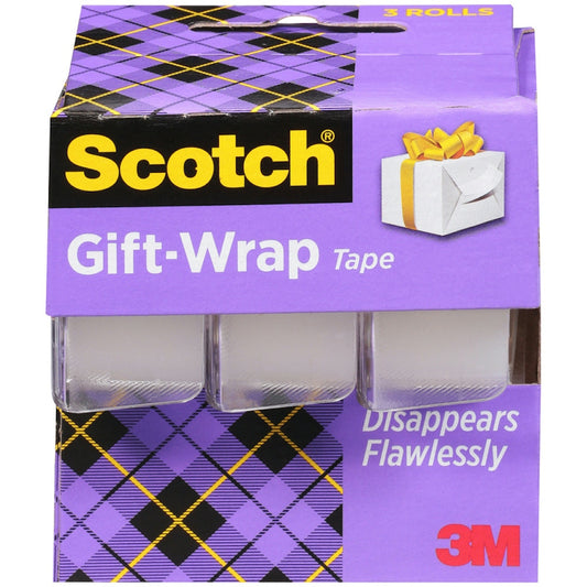 Scotch gift wrap tape by Pasteur Pharmacy, 3/4 inch wide and 300 inches long, shown on a roll for gift wrapping.