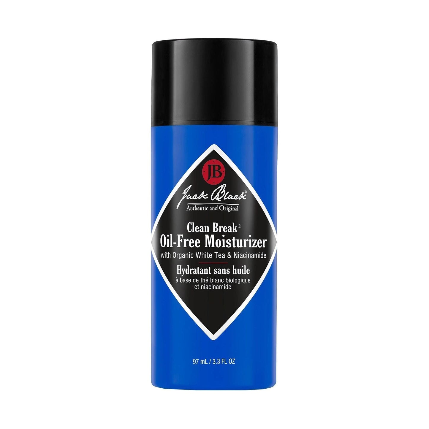 Jack Black Clean Break Oil-Free Moisturizer in 3.3 fl oz bottle, visible pump dispenser and sleek packaging.