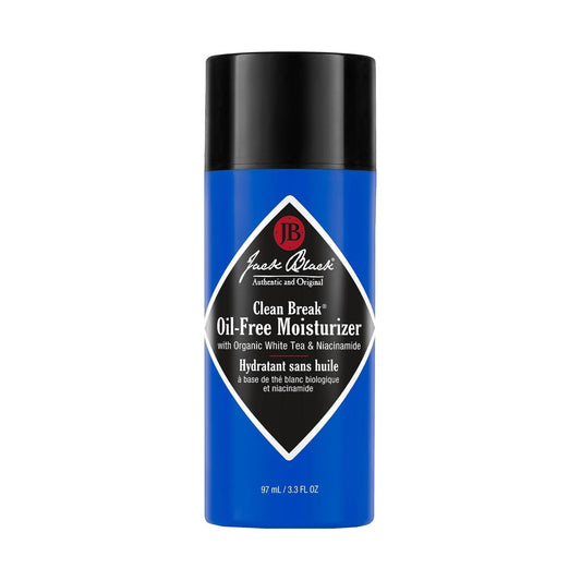 Jack Black Clean Break Oil-Free Moisturizer in 3.3 fl oz bottle, visible pump dispenser and sleek packaging.