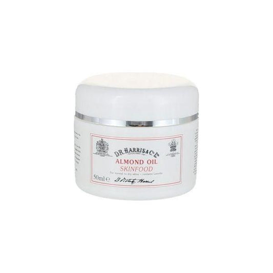 D. R. Harris & Co Almond Oil Skin Food in a 50ml bottle, natural oil for skin nourishment, displayed with packaging.