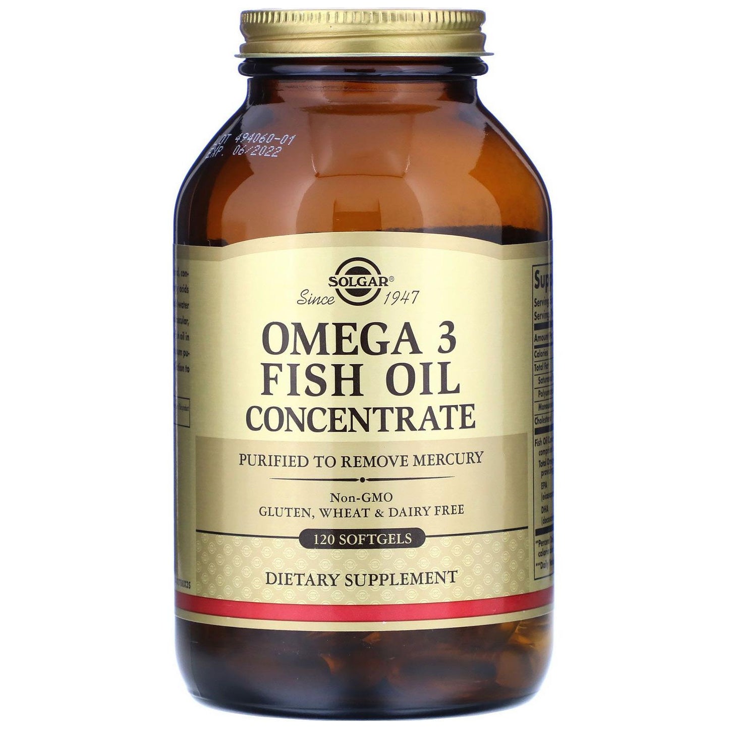 Bottle of Solgar Omega-3 Fish Oil Concentrate softgels, omega-3 supplement in a clear plastic container with label.
