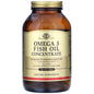Bottle of Solgar Omega-3 Fish Oil Concentrate softgels, omega-3 supplement in a clear plastic container with label.