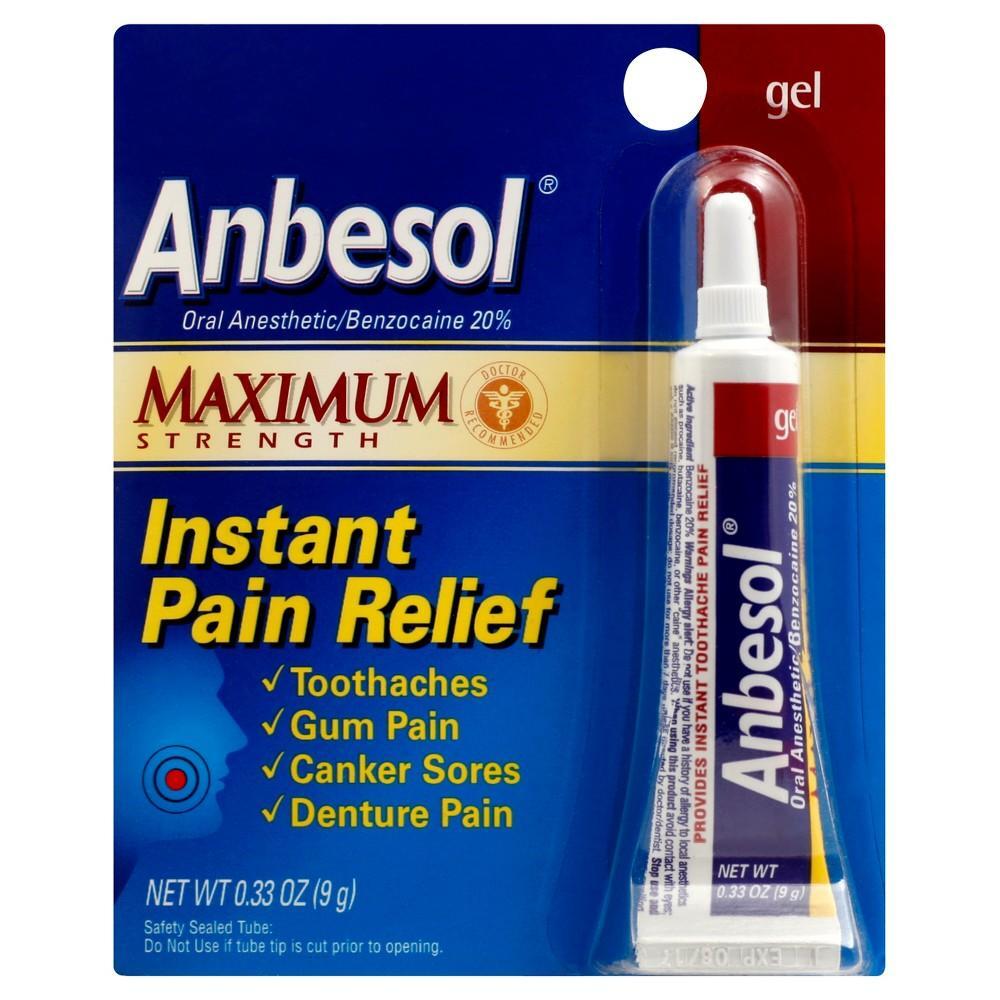 Anbesol Oral Anesthetic Max Strength pain relief gel in a tube, used for instant relief of oral mouth pain and sores.