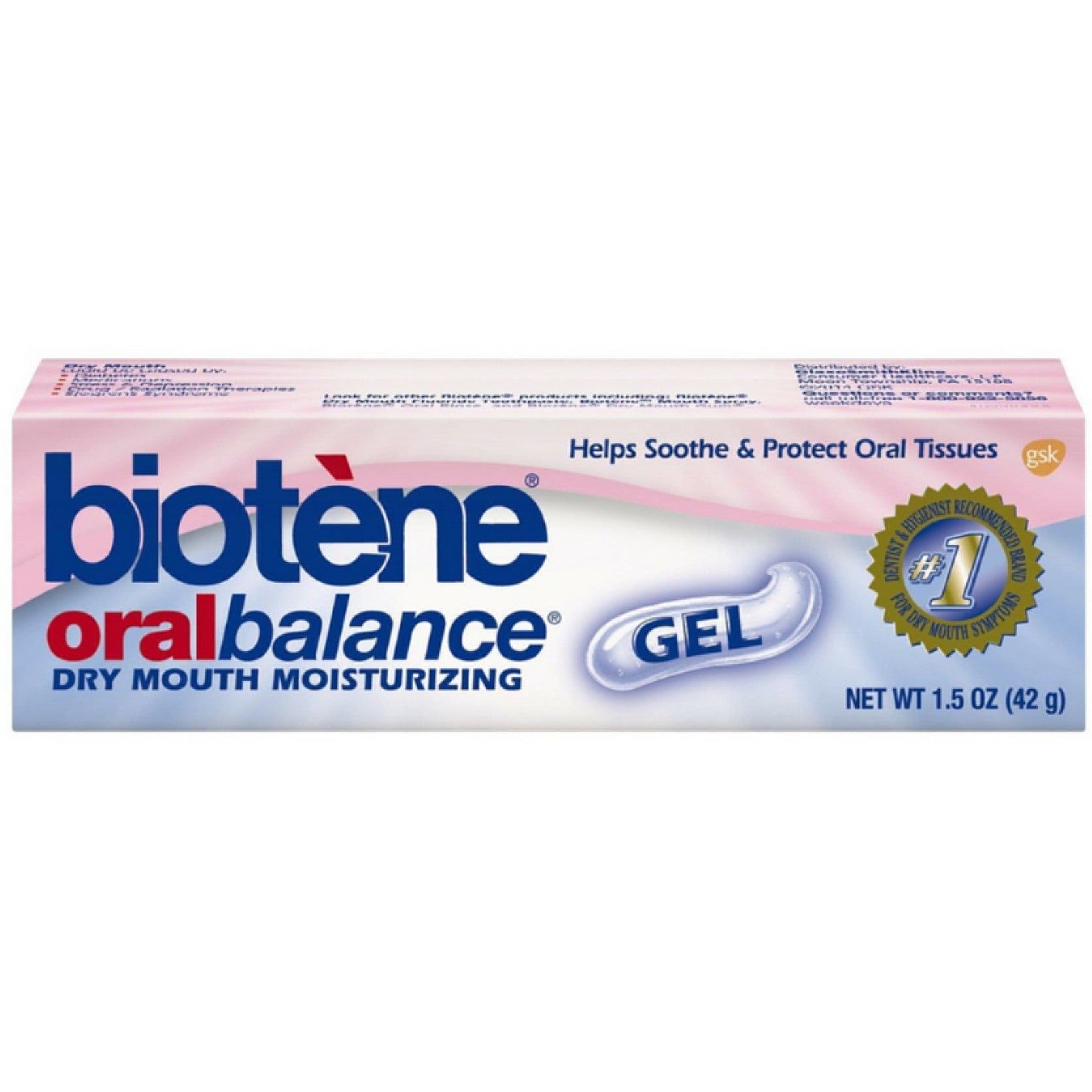 Biotene Oral Balance Moisturizing Gel for dry mouth, flavor-free, 1.5 oz, Pasteur Pharmacy oral care product.