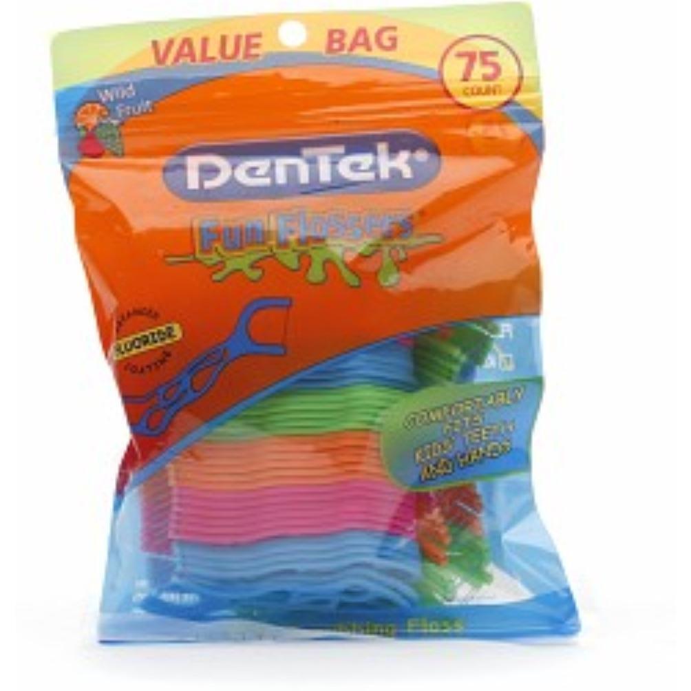 DenTek Kids Wild Fruit Fun Flossers for oral care, featuring colorful flossers with fun fruit designs for children.