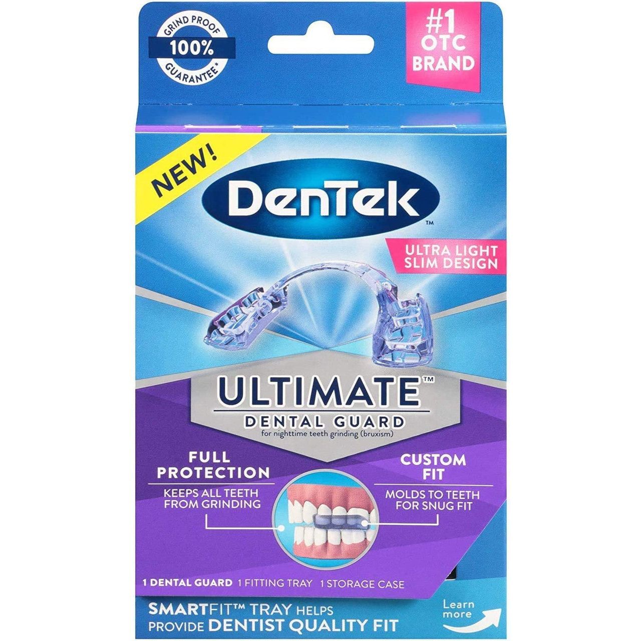 DenTek Ultimate Dental Guard for nighttime teeth grinding, clear mouthguard fitted on upper teeth, used for oral health protection.