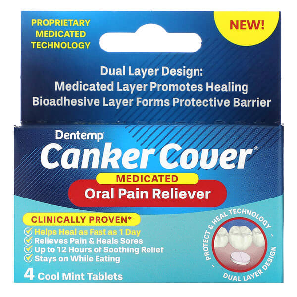 Dentemp Canker Cover medicated oral pain reliever tablets in cool mint, designed for soothing oral discomfort.