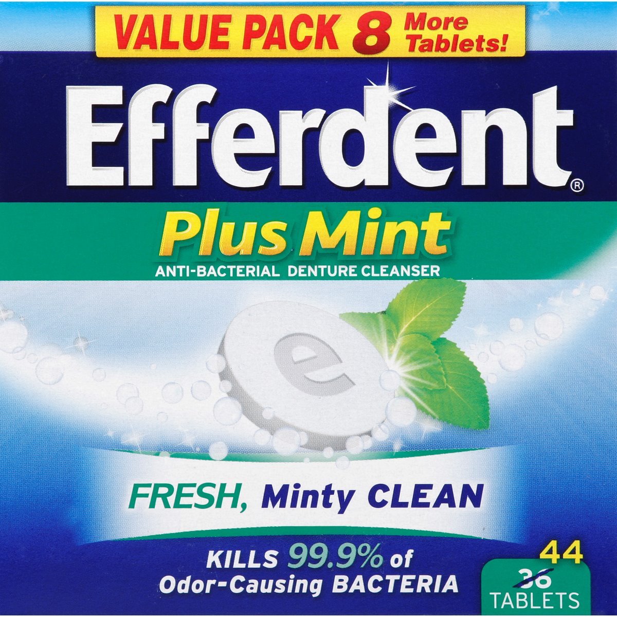 Efferdent Denture Cleanser tablets by Pasteur Pharmacy, antibacterial denture cleaner with mint, in a value pack for oral care.