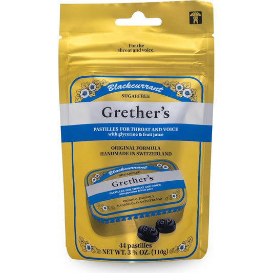 Grether’s Sugar-Free Blackcurrant Pastilles in a 3.7 oz pack, natural oral care with blackcurrant flavor, by Pasteur Pharmacy.
