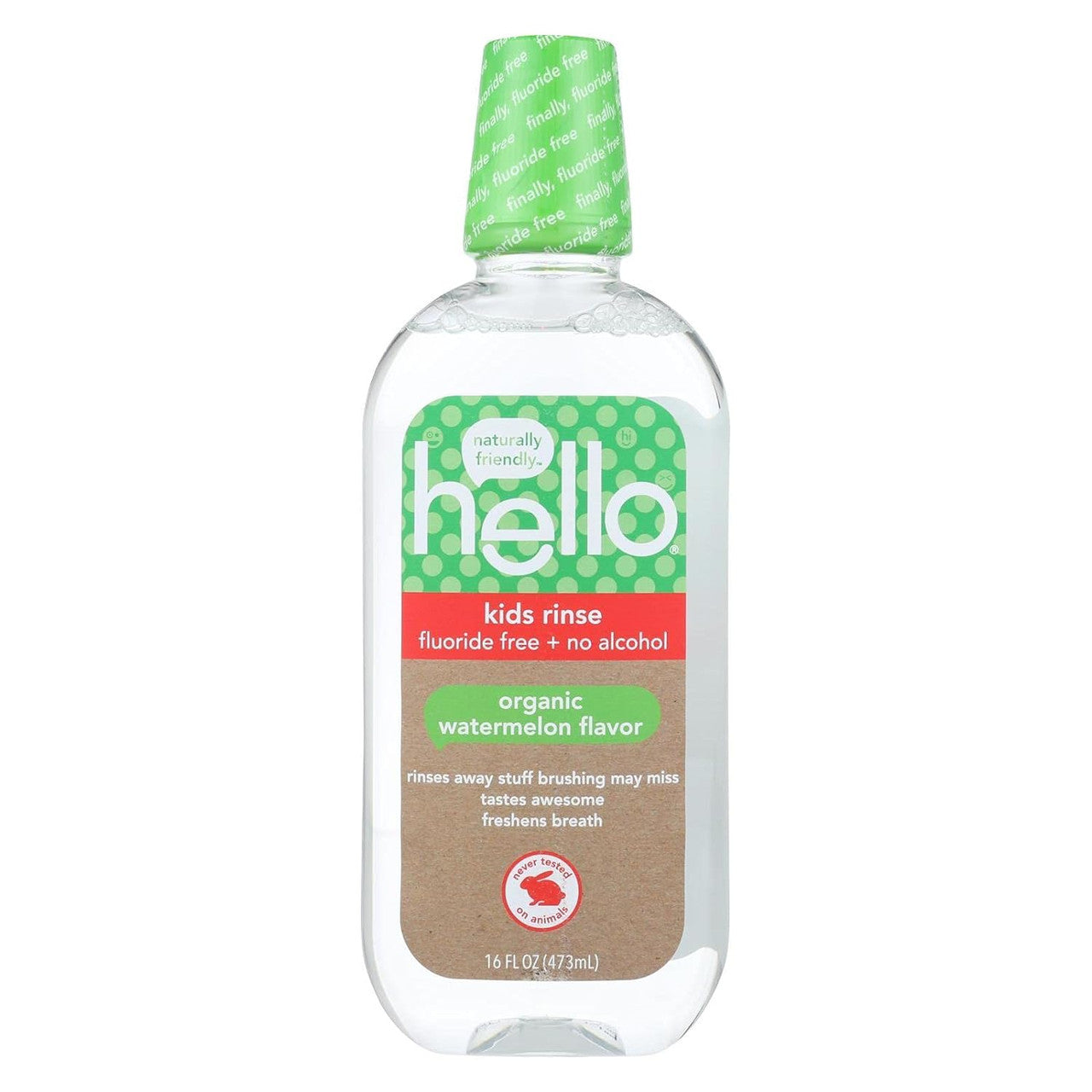 Hello Kids Natural Watermelon Flavor Fluoride-Free Oral Care rinse bottle with colorful label, designed for children's dental hygiene.